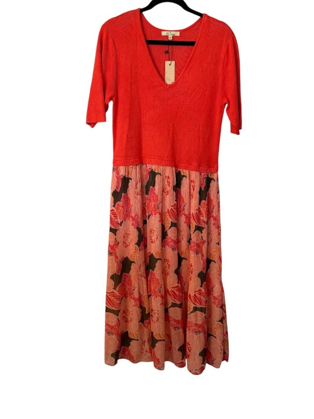 Les Serein Women's Red V-Neck Knit Top with Floral Pleated Skirt Dress Sz L NWT